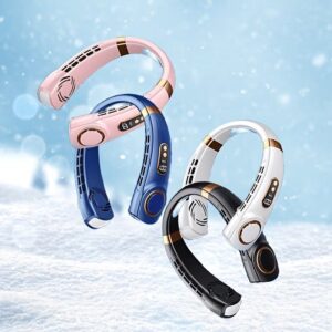 Hands-Free Portable Neck Fans In Pink, Blue, White, And Black Plastic With Gold Accents, For Personal Cooling.