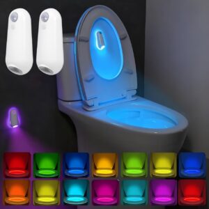 White plastic motion-sensor toilet bowl night light with multi-color LED glow for bathroom safety.