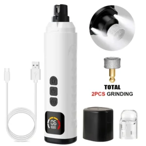 White plastic pet nail grinder with LED light, LCD display, USB-C cable, and two grinding heads for dog/cat grooming.
