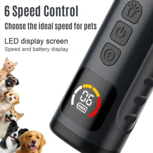 Black Plastic Pet Grooming Tool With 6-Speed Control, Led Display For Speed/Battery, For Various Pet Types.