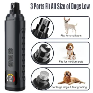 Black Plastic Pet Nail Grinder With 3 Ports For All Dog Sizes, Led Display, And Textured Grip For Grooming.