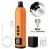 Orange plastic pet nail grinder with LED light, digital display, USB-C charging, and two grinding heads for dog/cat nail