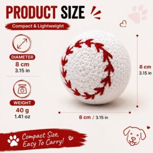 White crocheted baseball pet toy with red stitching, 8cm diameter, 40g, for small dogs.
