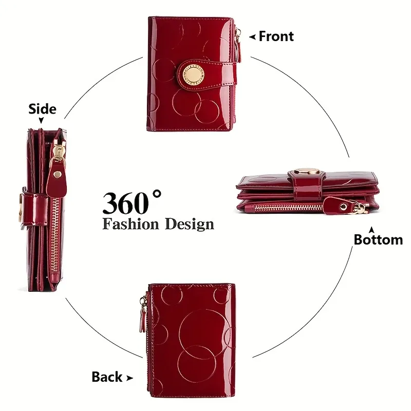 Red Patent Leather Wallet | Rfid Blocking &Amp; 18 Card Slots – Sumo Deals Red Patent Leather Women'S Wallet With Circle Pattern, Snap Closure, And Zipper Coin Pouch For Everyday Use.