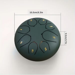 Dark Green Steel Tongue Drum, 16Cm Diameter, With 8 Numbered Gold-Edged Tone Cuts For Meditation/Music.