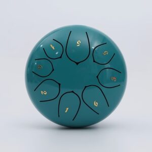Teal steel tongue drum with gold numbers, 10 notes, for meditation and musical play.