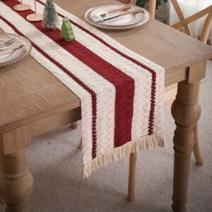 Red & white striped cotton table runner with fringe, perfect for rustic or holiday dining decor.