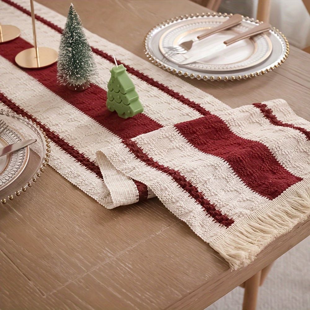 Red &Amp; White Striped Table Runner With Tassels – Sumo Deals Red &Amp; Cream Striped Cotton Table Runner With Fringe, Textured Weave For Dining Decor.