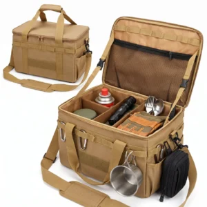 Tan nylon tactical storage bag with shoulder strap, top handle, multiple compartments, and mesh pocket for camping gear.
