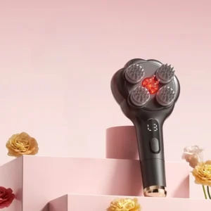 Black handheld electric scalp massager with 4 rotating silicone heads and red light therapy for hair growth.