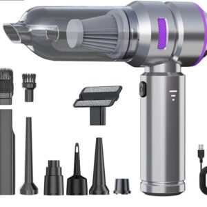Silver handheld portable car vacuum cleaner with clear dustbin, purple accents, and multiple black attachments for auto