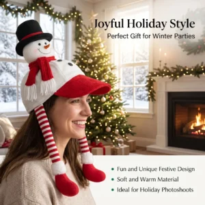 White &Amp; Red Plush Snowman Baseball Cap With Striped Legs, Black Top Hat, And Red Scarf For Holiday Parties.