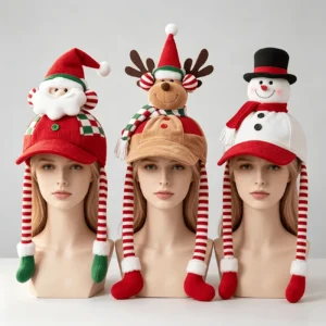 Three Festive Christmas Character Baseball Caps: Santa, Reindeer, And Snowman, With Long Striped Ear Flaps.