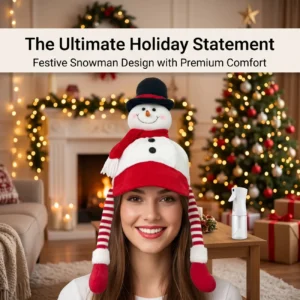 Plush snowman hat, red and white, with dangling striped ear flaps for festive holiday wear.