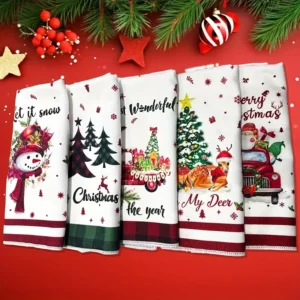 5 white cotton Christmas kitchen towels with festive snowman, tree, deer, and truck designs for holiday decor.