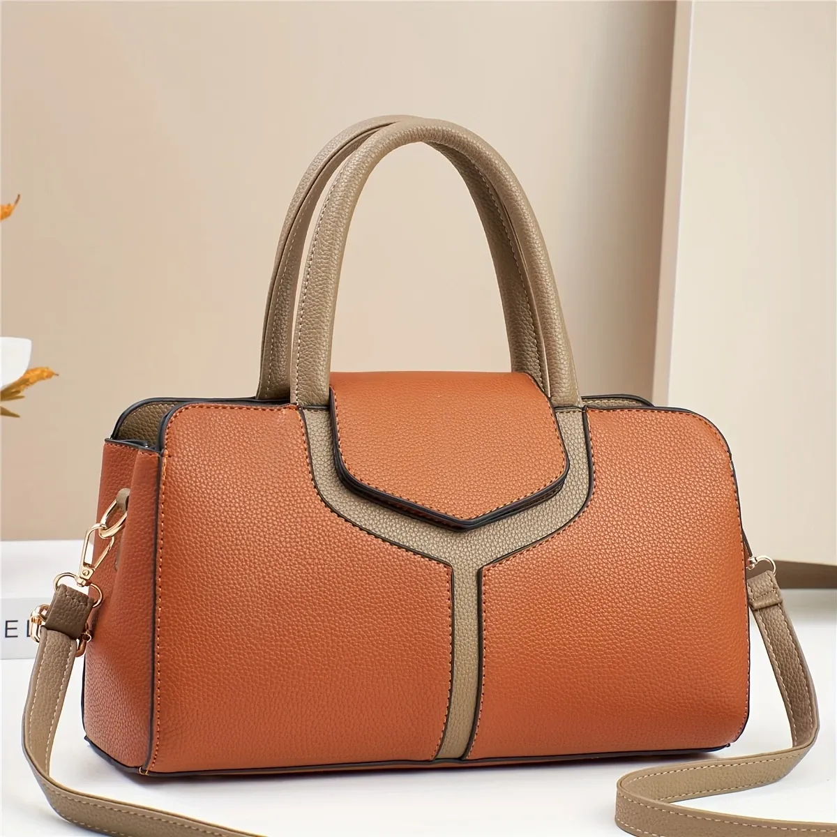 【Fashion Color-Block Pu Handbag】Lychee Texture, Large Capacity Fits 6.7&Quot; Phone, Multi-Compartment Storage, Handheld &Amp; Crossbody, Essential For Commuting &Amp; Casual.(Brown) – Sumo Deals Brown &Amp; Beige Faux Leather Satchel Handbag With Top Handles &Amp; Shoulder Strap, For Everyday Use.
