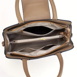 【Fashion Color-Block Pu Handbag】Lychee Texture, Large Capacity Fits 6.7&Quot; Phone, Multi-Compartment Storage, Handheld &Amp; Crossbody, Essential For Commuting &Amp; Casual.(Brown) – Sumo Deals Open Taupe Faux Leather Handbag With Multiple Compartments, Gold Zippers, And Textured Lining For Daily Use.