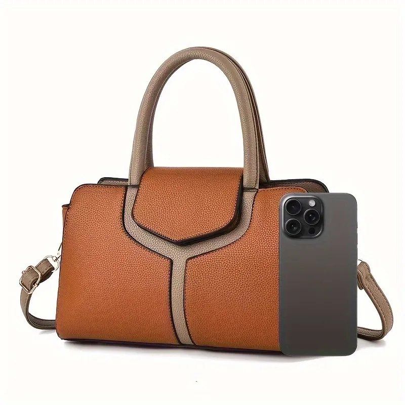 【Fashion Color-Block Pu Handbag】Lychee Texture, Large Capacity Fits 6.7&Quot; Phone, Multi-Compartment Storage, Handheld &Amp; Crossbody, Essential For Commuting &Amp; Casual.(Brown) – Sumo Deals Brown &Amp; Beige Faux Leather Handbag With Top Handles And Shoulder Strap For Daily Use.