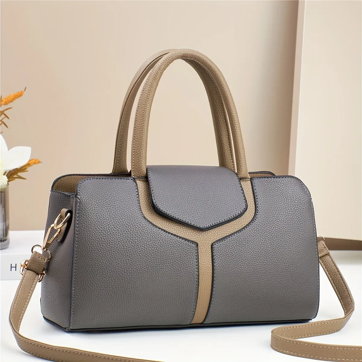 【Fashion Color-Block Pu Handbag】Lychee Texture, Large Capacity Fits 6.7&Quot; Phone, Multi-Compartment Storage, Handheld &Amp; Crossbody, Essential For Commuting &Amp; Casual.(Brown) – Sumo Deals Two-Tone Grey And Tan Faux Leather Handbag With Top Handles And Shoulder Strap, For Everyday Use.