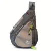 Gray and dark gray nylon sling bag with multiple zippers, mesh pocket, and "FREE LIFE WITH ELEGANCE" text, for travel.