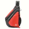 Red & black nylon sling bag with multiple zippers, mesh pocket, and adjustable strap for travel/outdoor use.