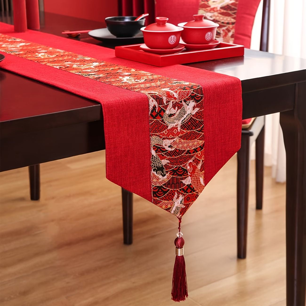 Xi Jia Koi Table Runner | Festive Chinese Decor – Sumo Deals Red Linen Table Runner With Gold Koi Fish Pattern And Tassel, For Dining Room Decor.