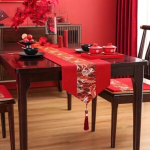 Xi Jia Koi Table Runner | Festive Chinese Decor – Sumo Deals Red Linen Table Runner With Gold Koi Fish Pattern And Tassel, For Dining Table Decor.