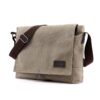 Khaki canvas messenger bag with brown strap, front flap, and leather patch, for casual everyday use.