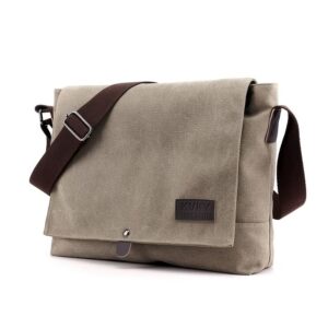 Khaki canvas messenger bag with brown strap, front flap, and leather patch, for casual everyday use.