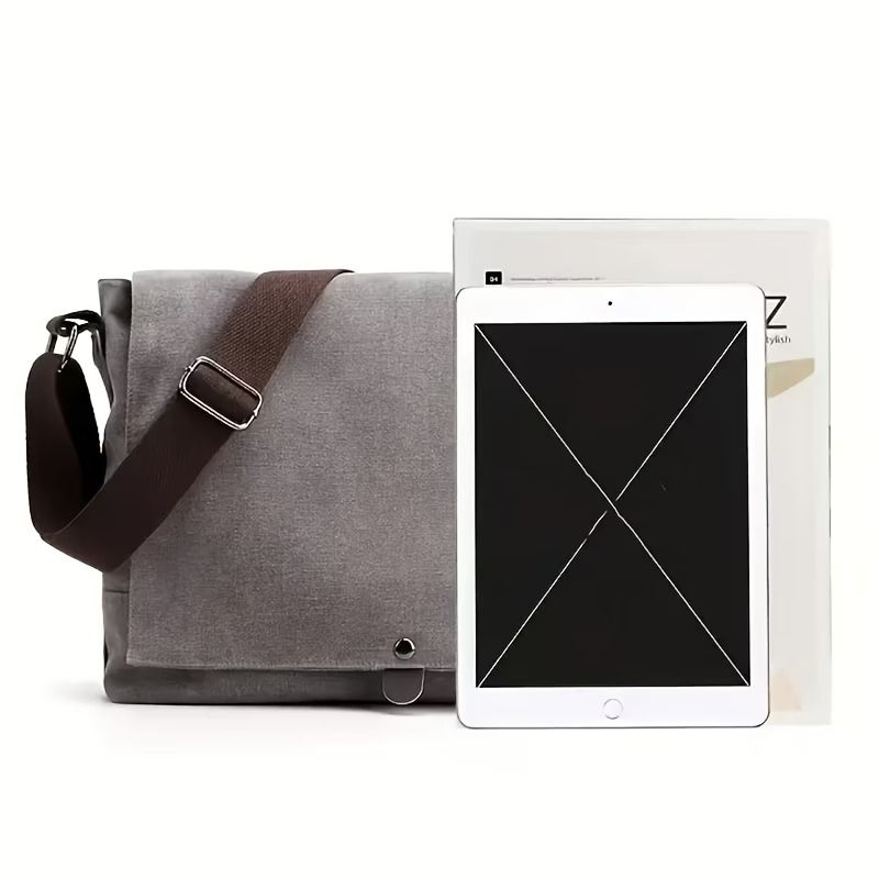 Men'S Canvas Crossbody Bag | Waterproof &Amp; Spacious – Sumo Deals Gray Canvas Messenger Bag With Brown Strap, Metal Buckle, And Flap Closure, Ideal For Carrying A Tablet.