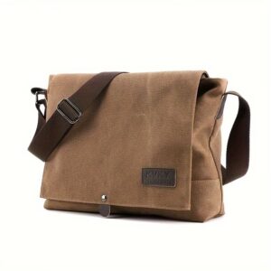 Brown canvas messenger bag with adjustable strap, front flap, and "KVKY FASHION STYLE" patch, for daily use.