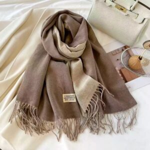 Soft cashmere blend scarf, two-tone brown and beige, with fringe ends, for fall/winter fashion.