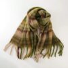Soft fuzzy plaid scarf, green, brown, and beige stripes with fringe, for warmth and style.