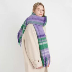 Plaid Fringed Scarf | Warm Winter Accessory For Women – Sumo Deals Fuzzy Plaid Scarf, Purple And Green Stripes With Fringe, Soft Acrylic, For Women'S Winter Fashion.