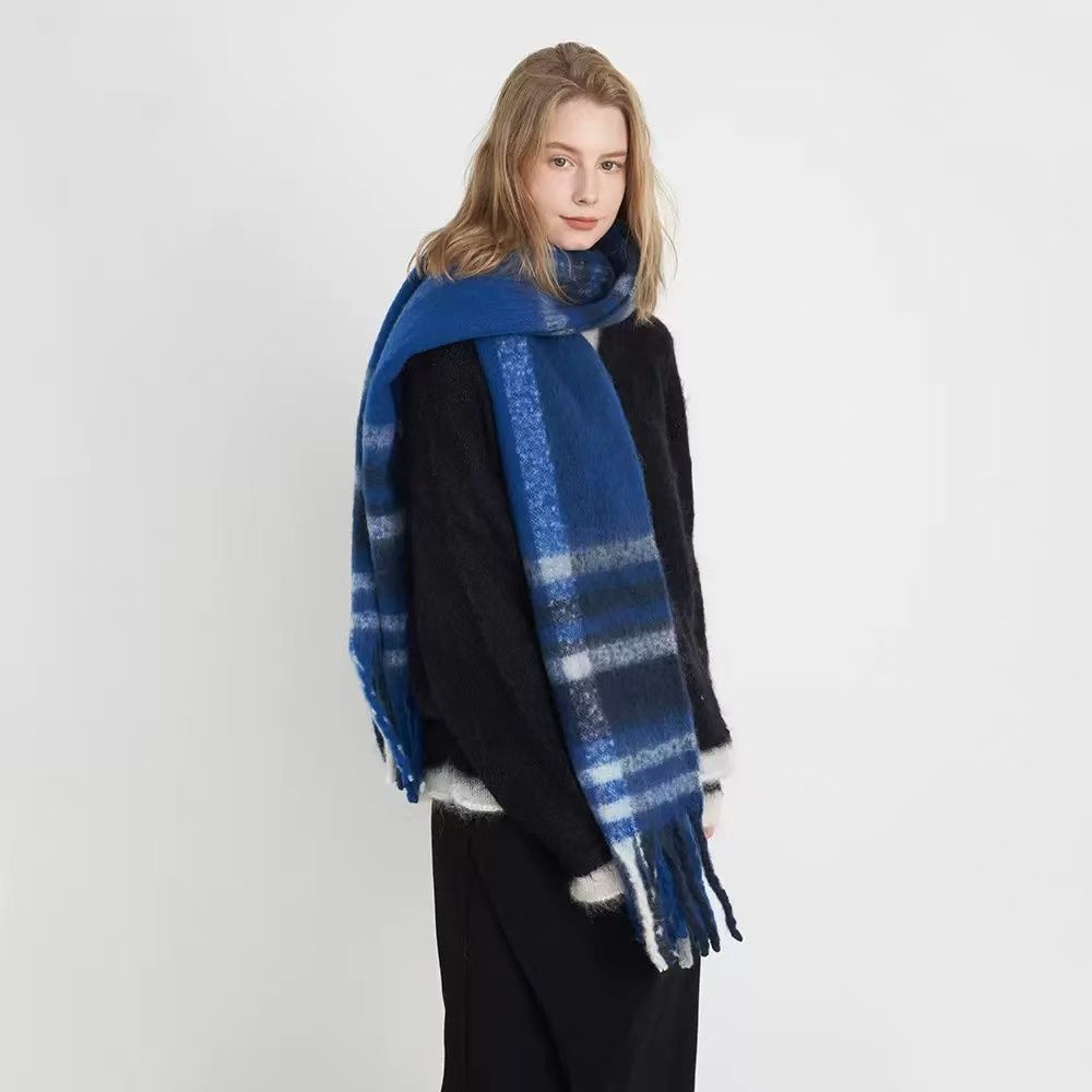 Plaid Fringed Scarf | Warm Winter Accessory For Women – Sumo Deals Women'S Blue Plaid Fuzzy Knit Scarf With Fringe, Worn Over A Black Sweater For Winter Fashion.