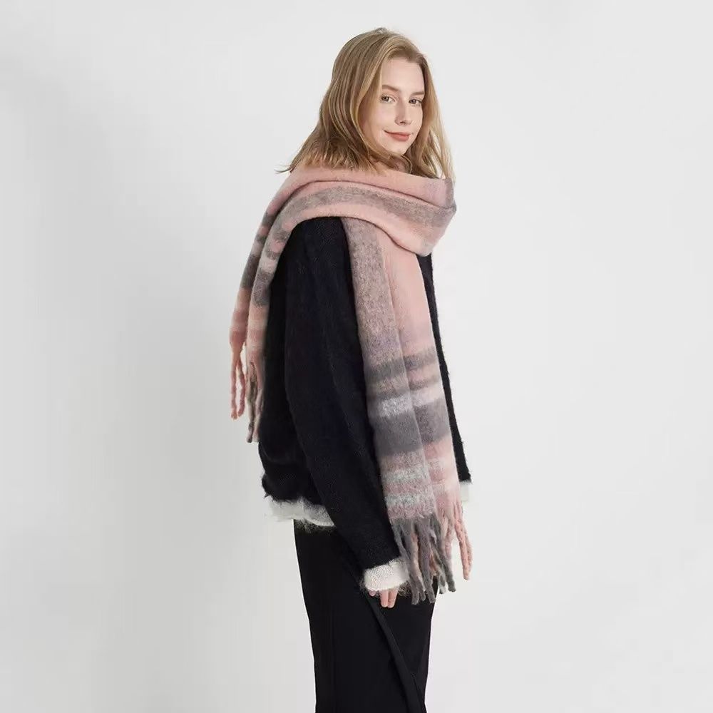 Plaid Fringed Scarf | Warm Winter Accessory For Women – Sumo Deals Women'S Soft Knit Oversized Scarf, Pink And Gray Striped With Fringe, For Warmth And Style.