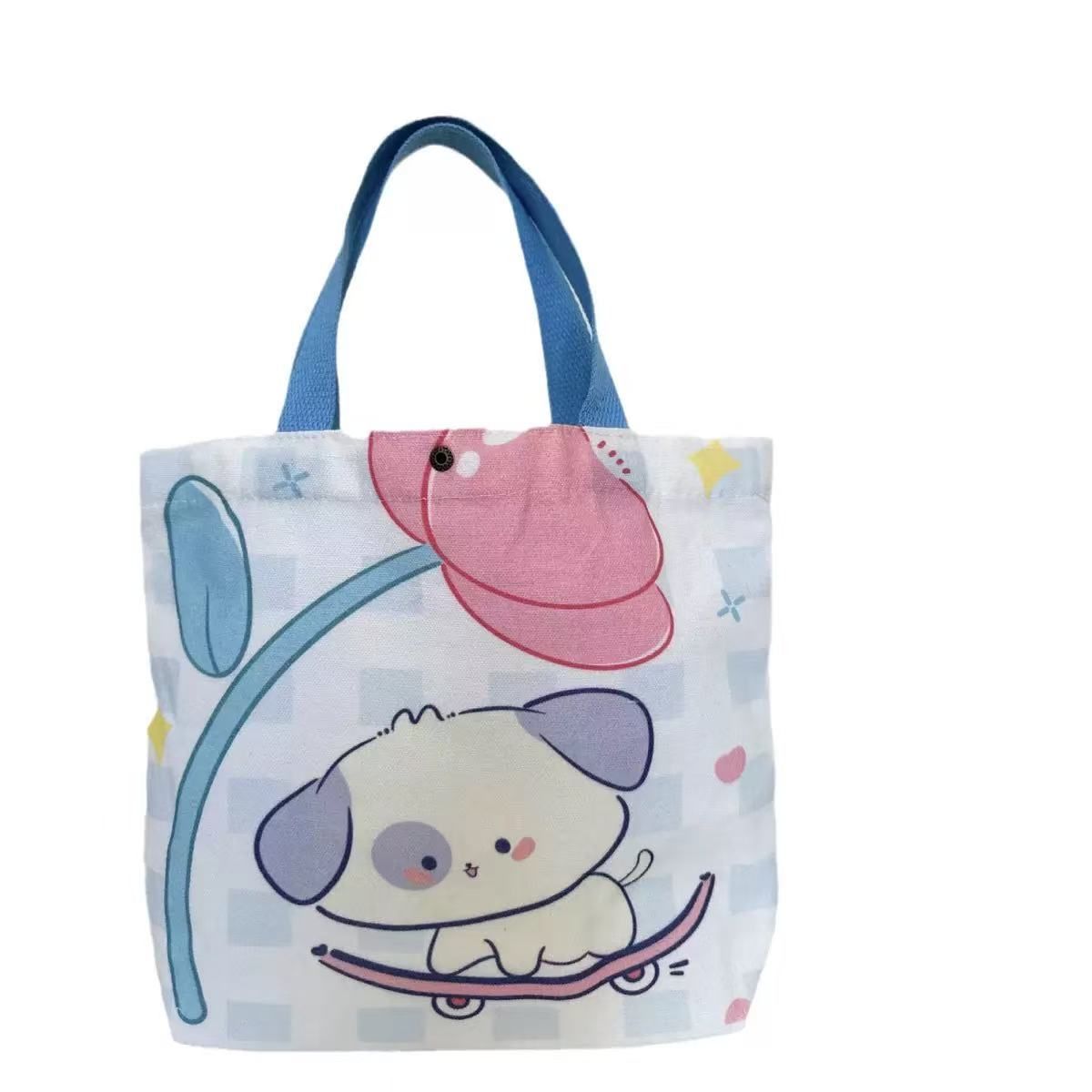Kawaii Unicorn Tote Bag | Cute Canvas Handbag For Women – Sumo Deals White Canvas Tote Bag With Blue Handles, Pink Flower, And Cute Puppy On Skateboard Design, For Kids' Daily Use.