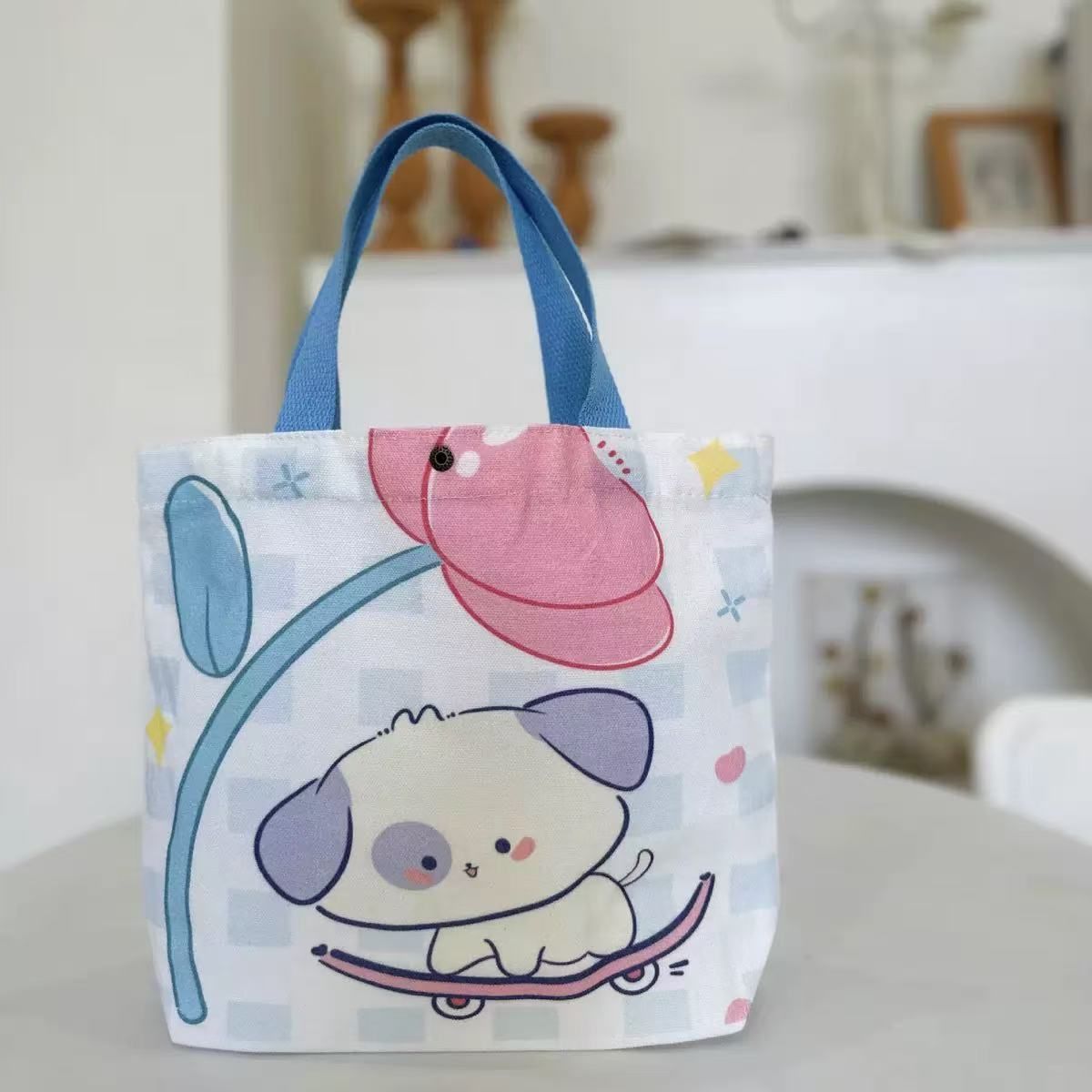 Kawaii Unicorn Tote Bag | Cute Canvas Handbag For Women – Sumo Deals White Canvas Tote Bag With Blue Handles, Featuring A Cute Cartoon Dog On A Skateboard And A Pink Flower.