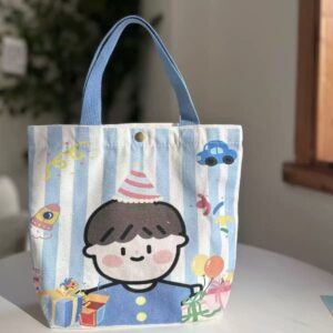 White &Amp; Blue Striped Canvas Tote Bag With Cartoon Boy In Party Hat, Gifts, Balloons, Car Print. Kids' Reusable Bag.