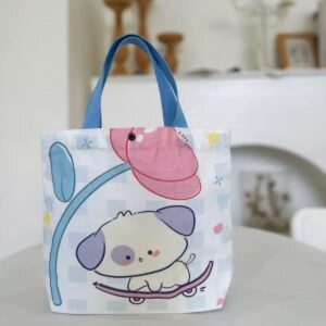 White Canvas Tote Bag With Blue Handles, Cartoon Dog On Skateboard, Pink Flower Design. Cute Reusable Shopping Bag.