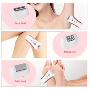 White & rose gold plastic electric epilator with interchangeable razor, plucking, and cutter heads for body hair removal