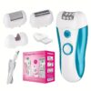 Rechargeable electric epilator, white and teal plastic, with multiple interchangeable heads for hair removal and exfolia