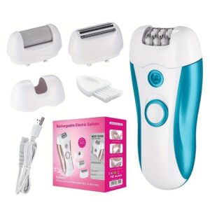 Rechargeable electric epilator, white and teal plastic, with multiple interchangeable heads for hair removal and exfolia