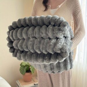 Soft Gray Ribbed Faux Fur Throw Blanket, Cozy Home Decor.