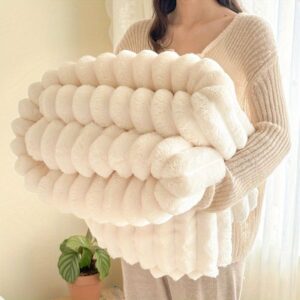 Cream White Fluffy Ribbed Faux Fur Throw Blanket, Soft And Cozy For Home Decor.
