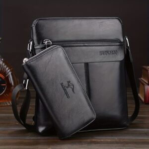 BARNOROO men's black faux leather shoulder bag with matching wallet, kangaroo logo, for daily use.