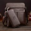 BARNOROO men's brown faux leather messenger bag with adjustable strap and matching zippered wallet for daily use.