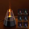 Black plastic & glass flame effect essential oil diffuser with color-changing mist for home ambiance.