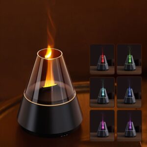Black plastic & glass flame effect essential oil diffuser with color-changing mist for home ambiance.