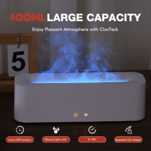 White rectangular plastic essential oil diffuser with blue flame-like mist for home aromatherapy.